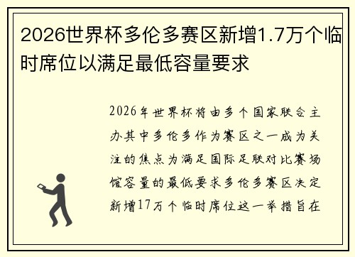 2026世界杯多伦多赛区新增1.7万个临时席位以满足最低容量要求