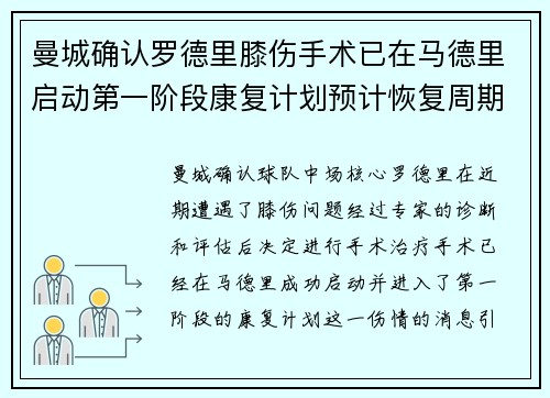 曼城确认罗德里膝伤手术已在马德里启动第一阶段康复计划预计恢复周期受关注 曼城确认罗德里膝伤手术已在马德里启动第一阶段康复计划预计恢复周期受关注